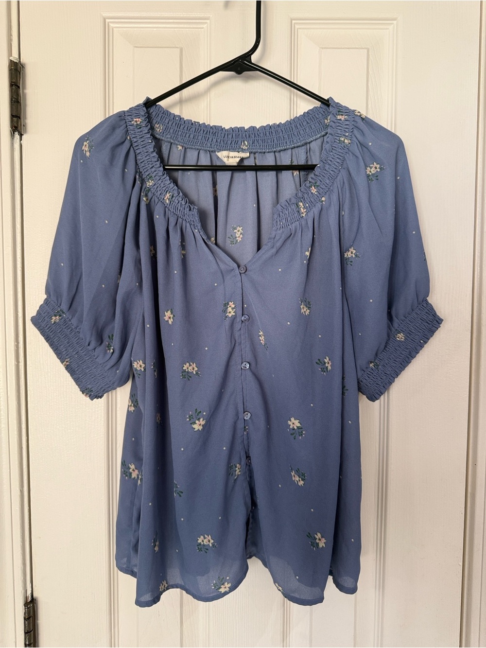 Lucky Brand Dusty Blue Floral Smocked Peasant Blouse size large